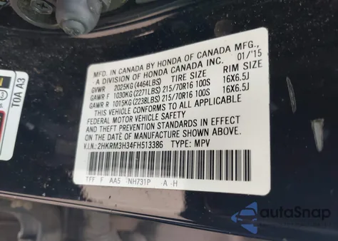 2015 Honda Cr-V Lx z USA, uszkodzony, nr VIN 2HKRM3H34FH513386